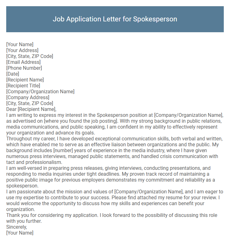 Job Application Letter for Spokesperson