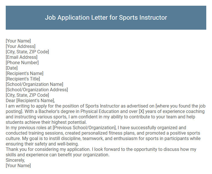 Job Application Letter for Sports Instructor