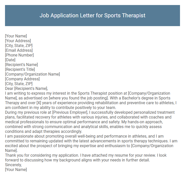 Job Application Letter for Sports Therapist