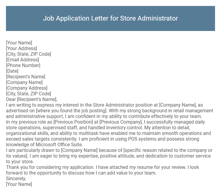 Job Application Letter for Store Administrator
