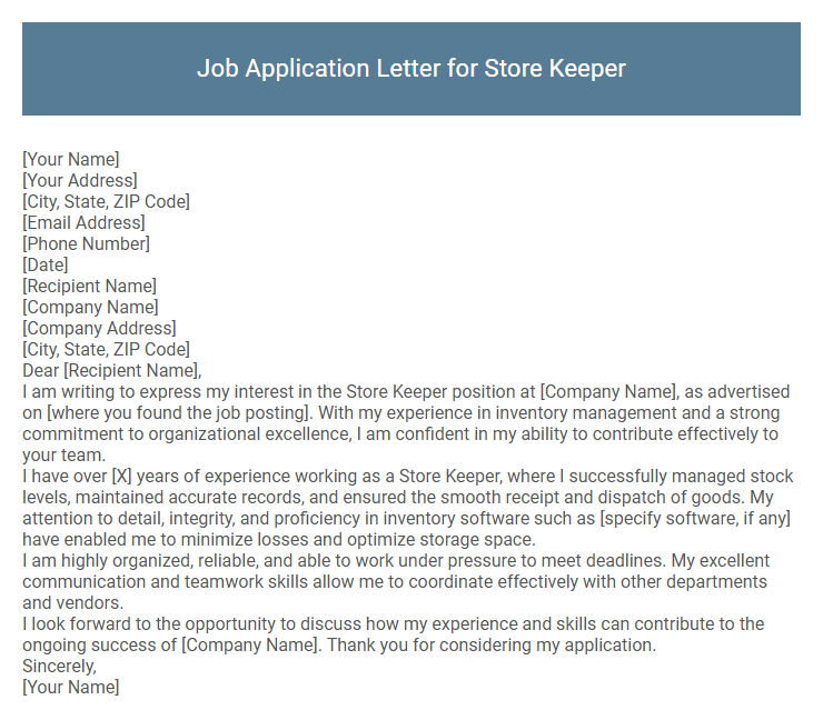 Job Application Letter for Store Keeper
