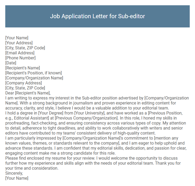 Job Application Letter for Sub-editor