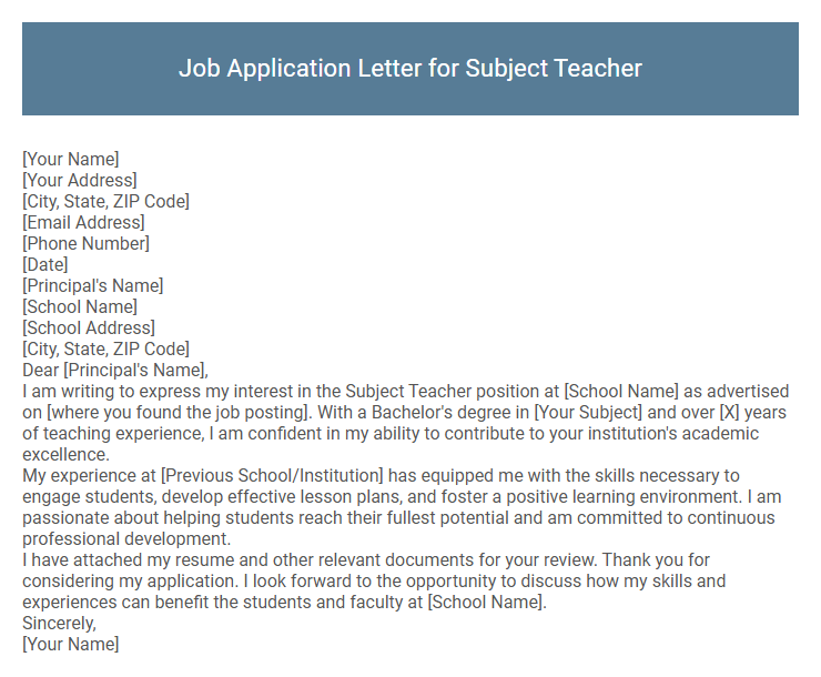 Job Application Letter for Subject Teacher