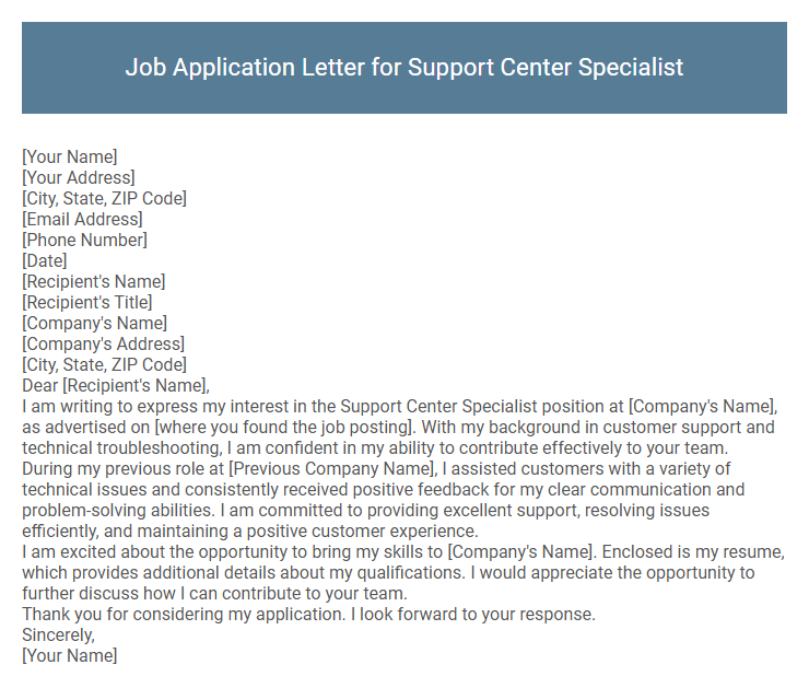 Job Application Letter for Support Center Specialist
