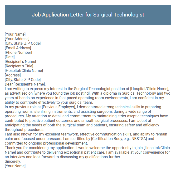 Job Application Letter for Surgical Technologist