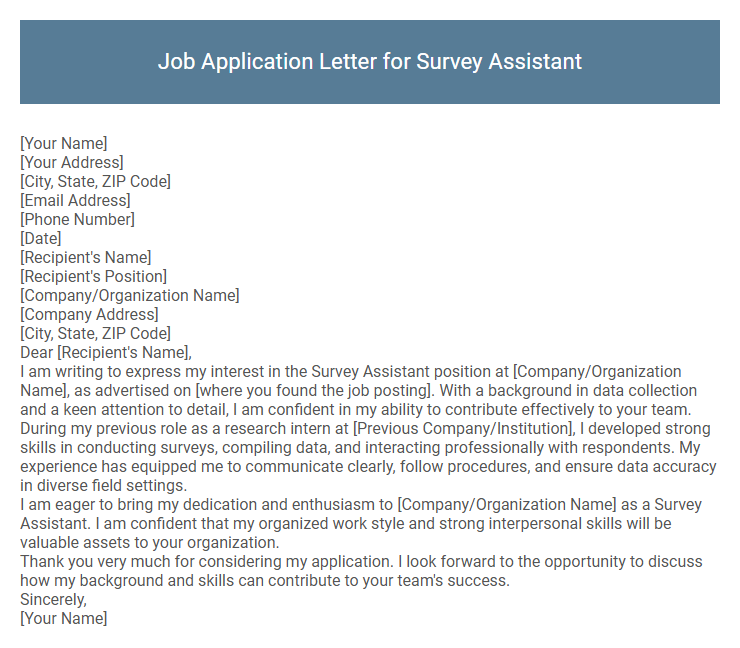 Job Application Letter for Survey Assistant