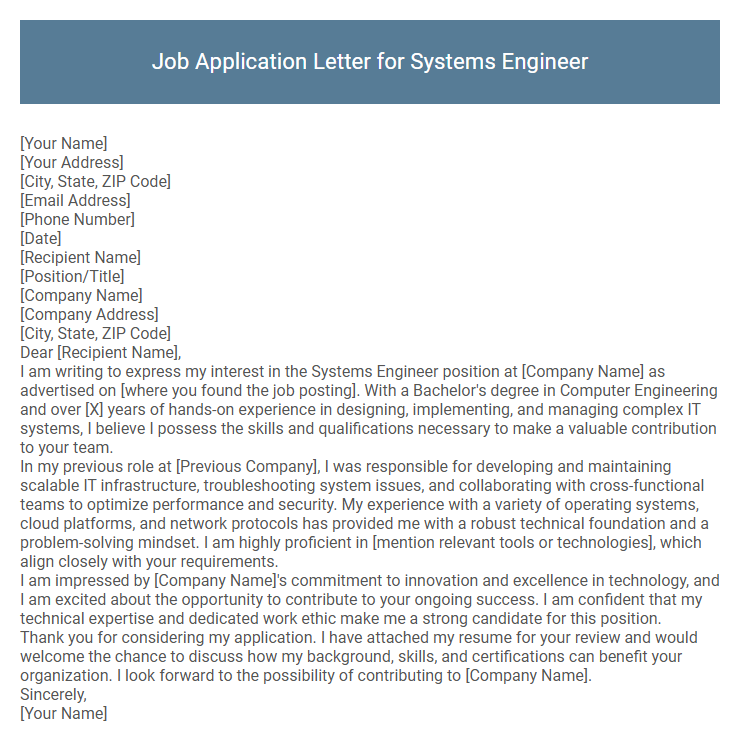 Job Application Letter for Systems Engineer