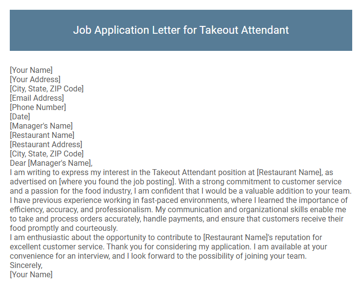 Job Application Letter for Takeout Attendant