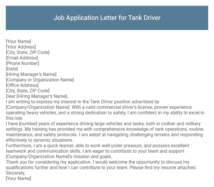Job Application Letter for Tank Driver