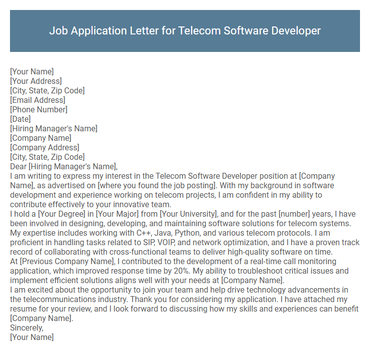 Job Application Letter for Telecom Software Developer