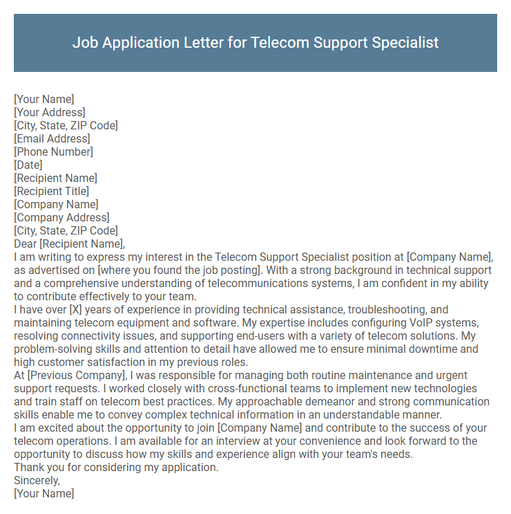 Job Application Letter for Telecom Support Specialist