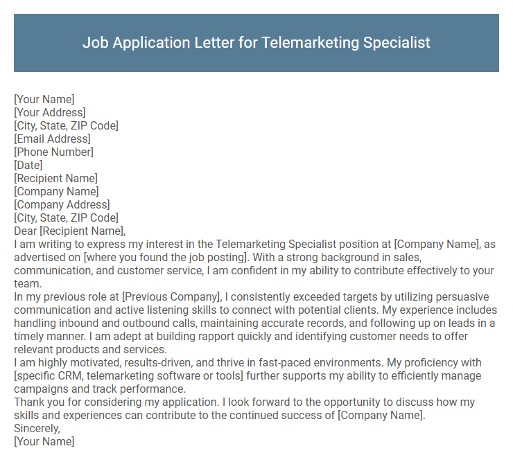 Job Application Letter for Telemarketing Specialist