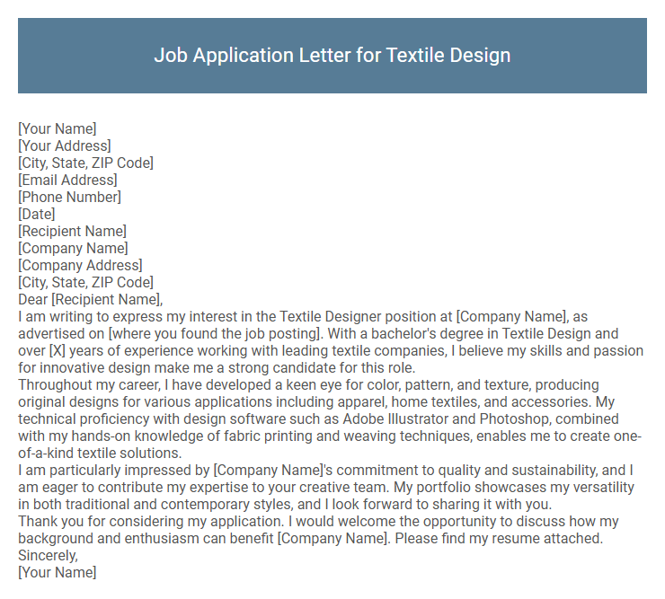 Job Application Letter for Textile Design