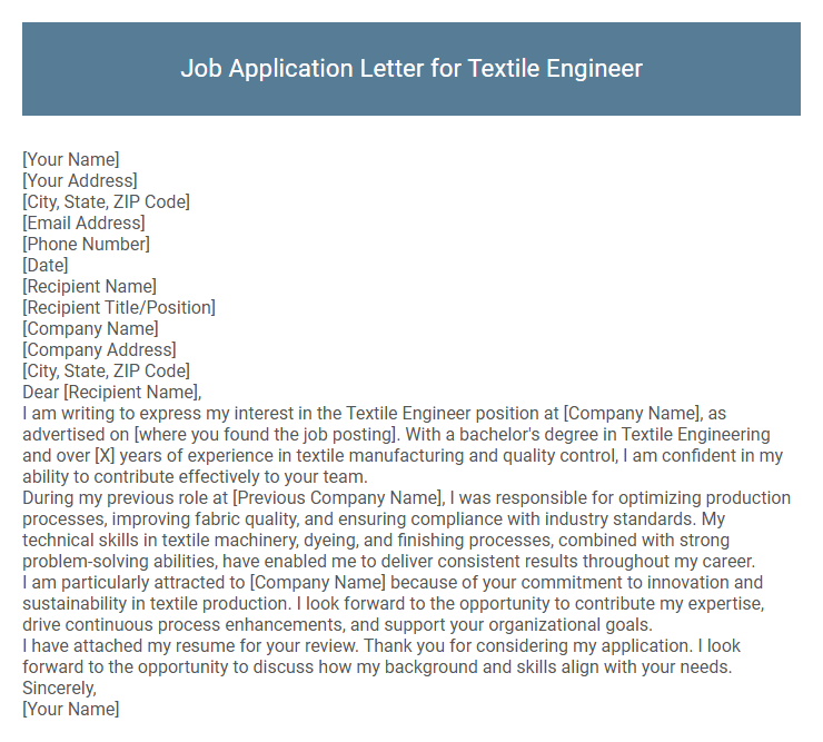 Job Application Letter for Textile Engineer