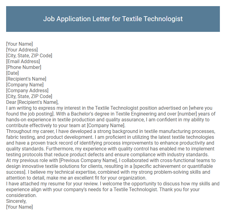 Job Application Letter for Textile Technologist