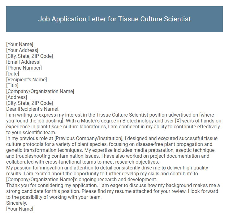 Job Application Letter for Tissue Culture Scientist