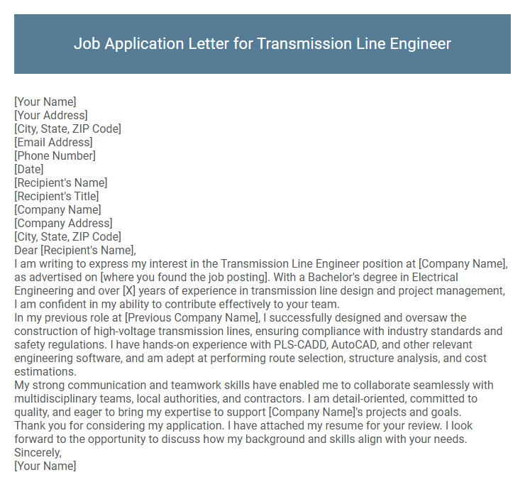 Job Application Letter for Transmission Line Engineer