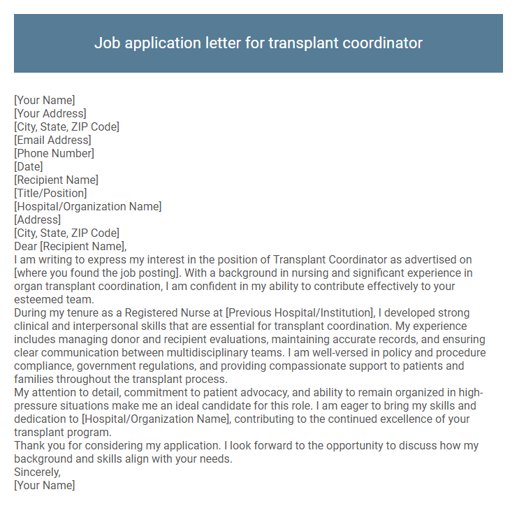 Job application letter for transplant coordinator