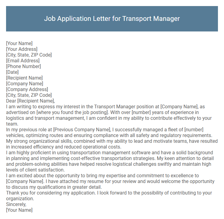 Job Application Letter for Transport Manager