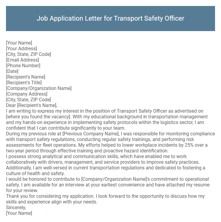 Job Application Letter for Transport Safety Officer