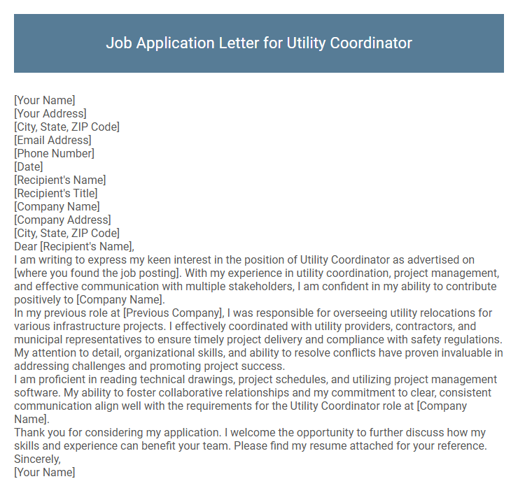 Job Application Letter for Utility Coordinator
