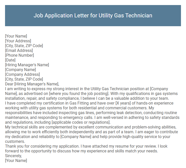 Job Application Letter for Utility Gas Technician