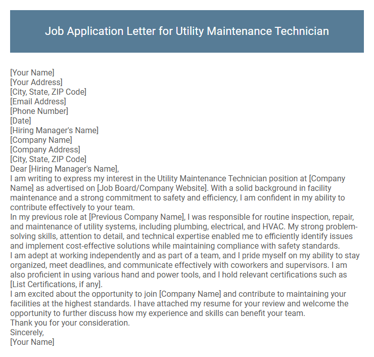 Job Application Letter for Utility Maintenance Technician