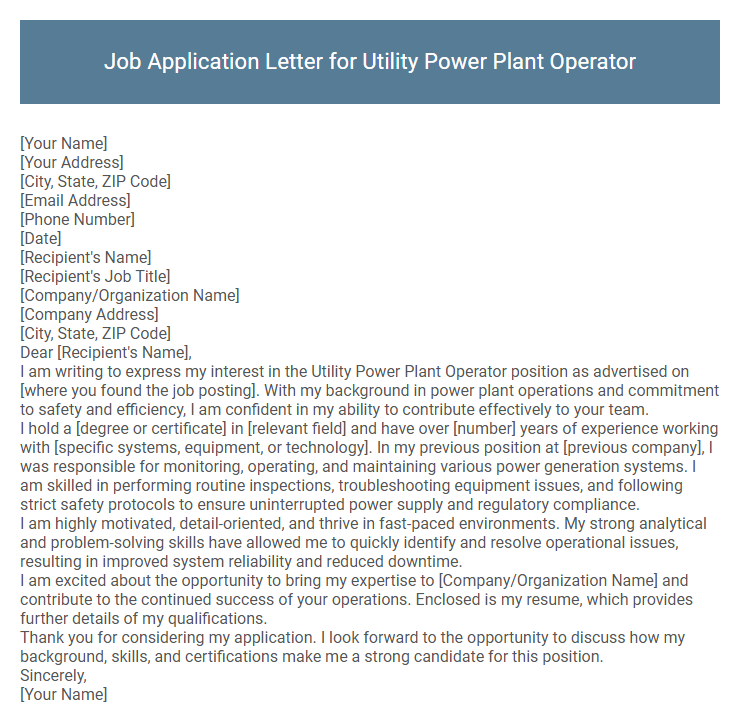 Job Application Letter for Utility Power Plant Operator