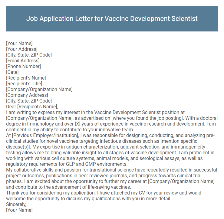 Job Application Letter for Vaccine Development Scientist