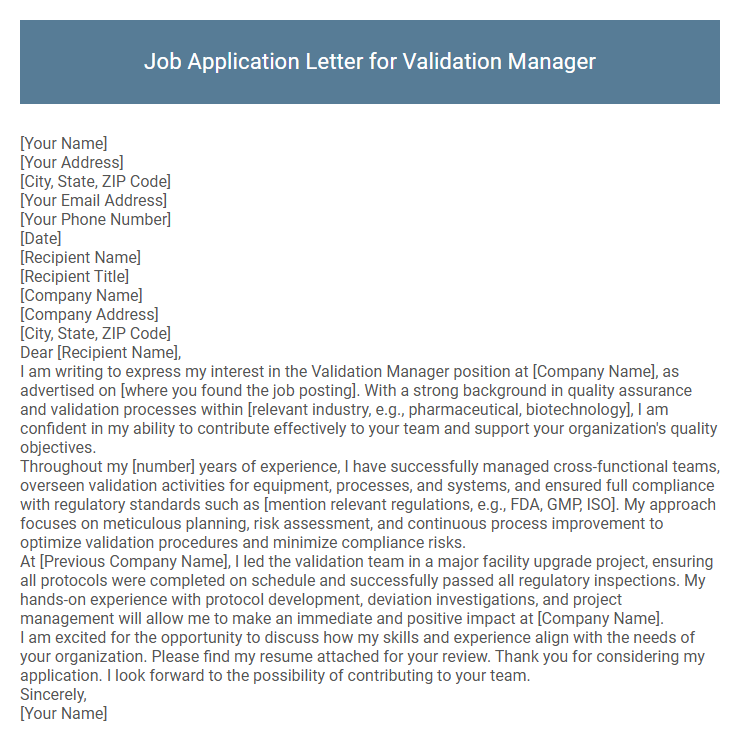 Job Application Letter for Validation Manager
