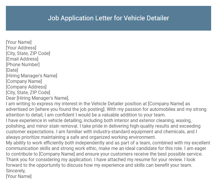 Job Application Letter for Vehicle Detailer