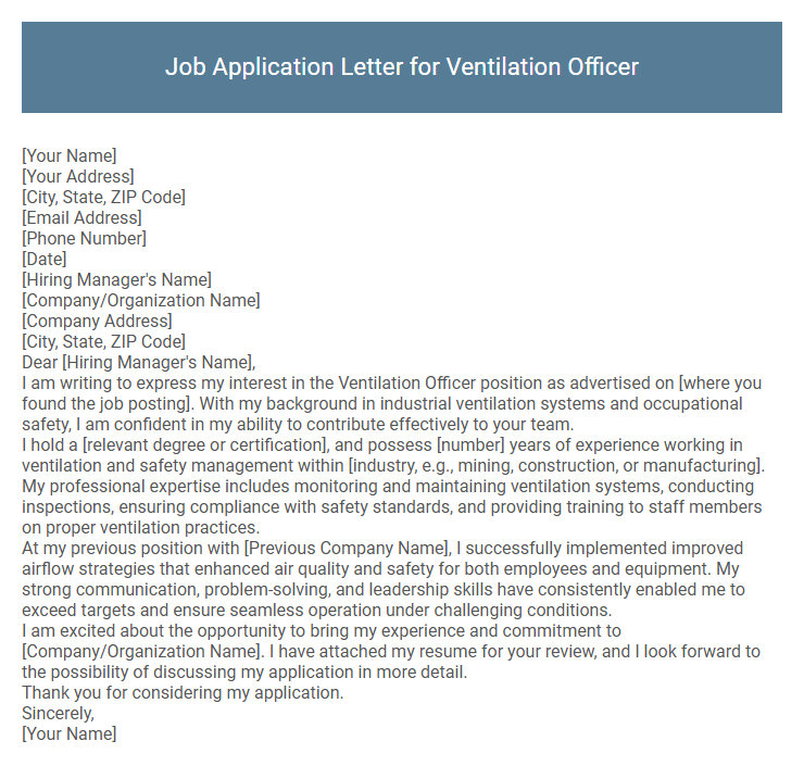 Job Application Letter for Ventilation Officer