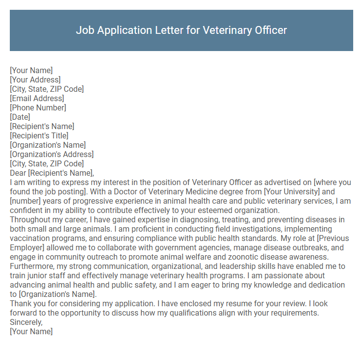 Job Application Letter for Veterinary Officer