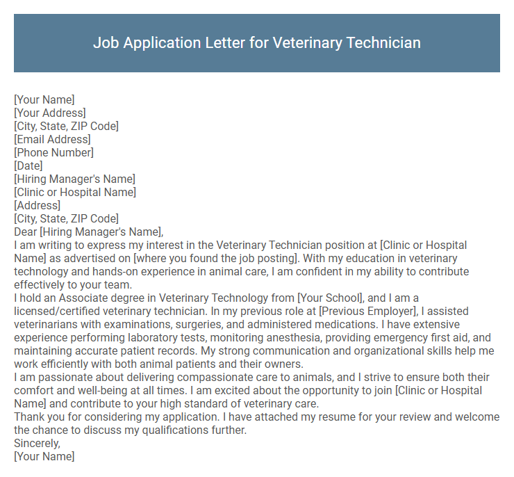 Job Application Letter for Veterinary Technician
