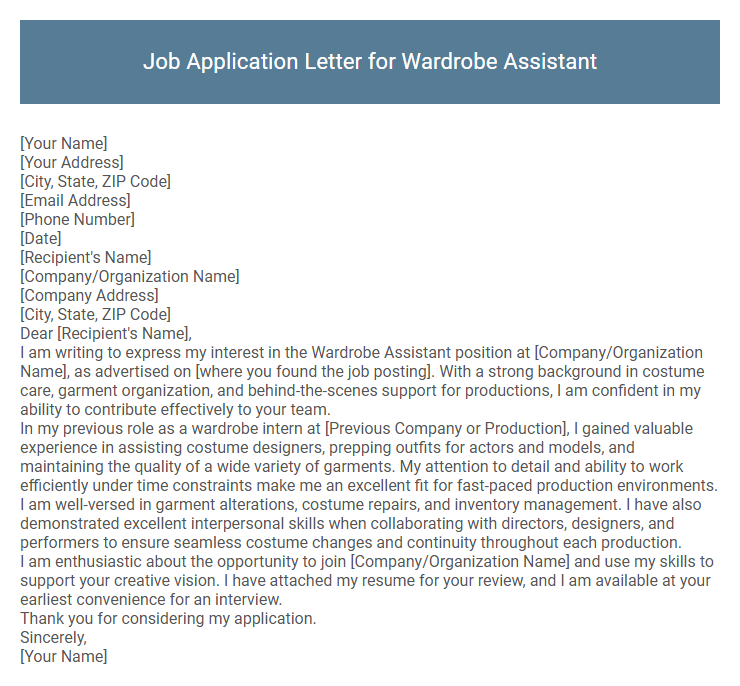 Job Application Letter for Wardrobe Assistant