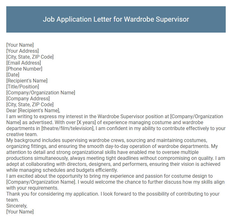 Job Application Letter for Wardrobe Supervisor
