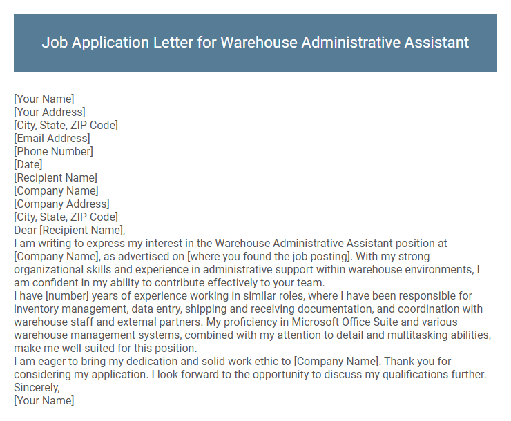 Job Application Letter for Warehouse Administrative Assistant