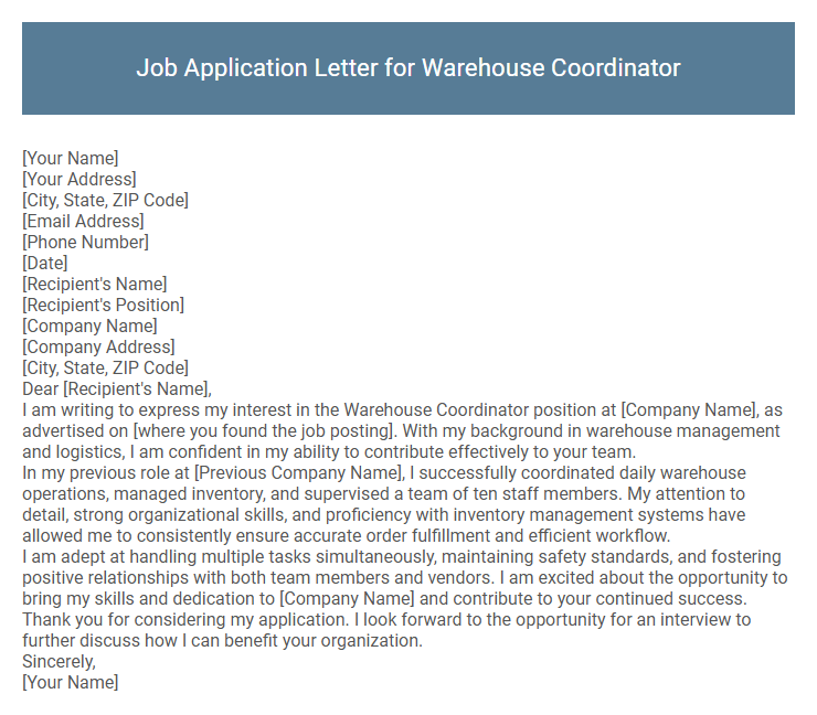 Job Application Letter for Warehouse Coordinator