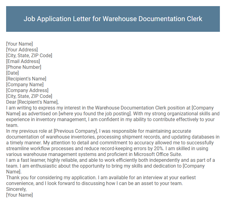 Job Application Letter for Warehouse Documentation Clerk