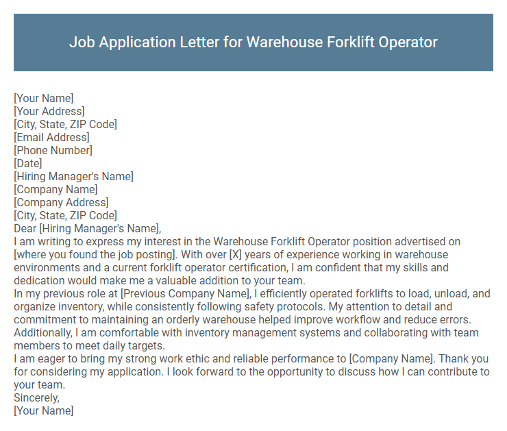 Job Application Letter for Warehouse Forklift Operator