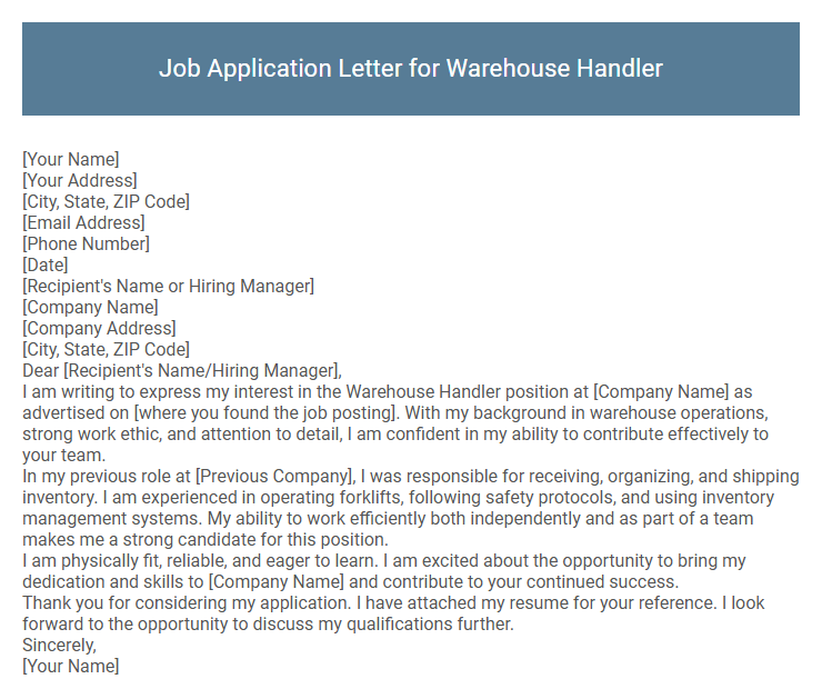 Job Application Letter for Warehouse Handler