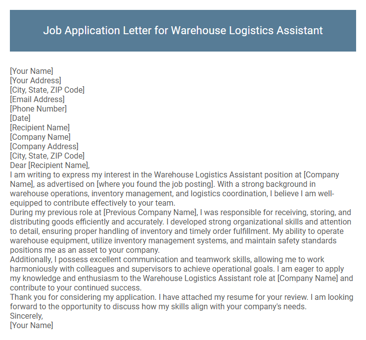 Job Application Letter for Warehouse Logistics Assistant