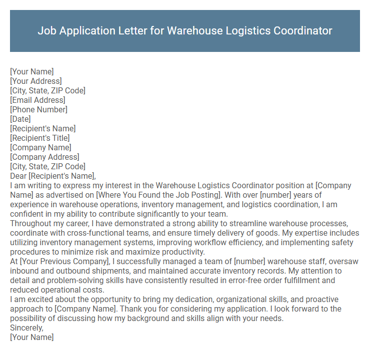Job Application Letter for Warehouse Logistics Coordinator