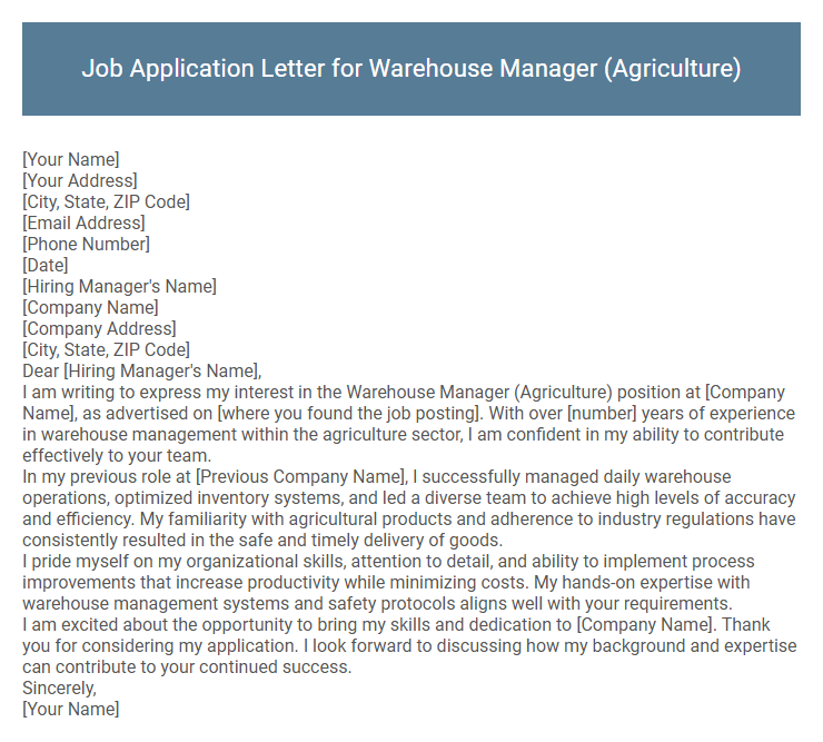 Job Application Letter for Warehouse Manager (Agriculture)