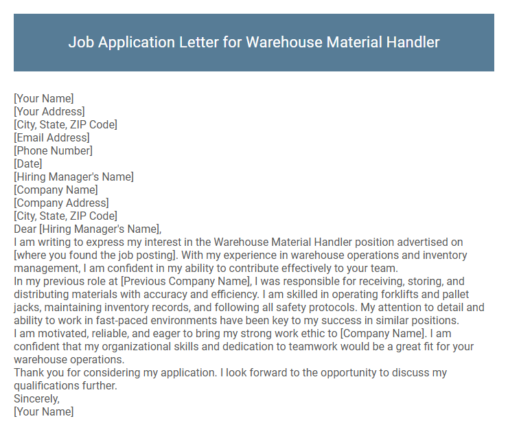 Job Application Letter for Warehouse Material Handler