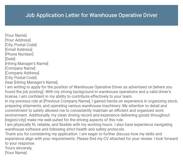 Job Application Letter for Warehouse Operative Driver