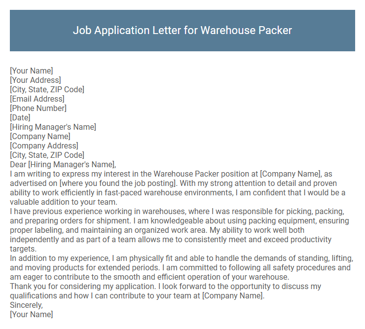 Job Application Letter for Warehouse Packer