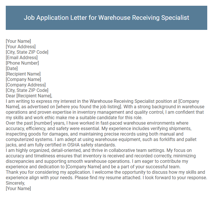 Job Application Letter for Warehouse Receiving Specialist