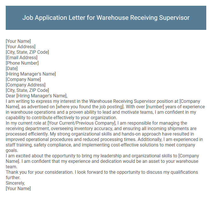 Job Application Letter for Warehouse Receiving Supervisor