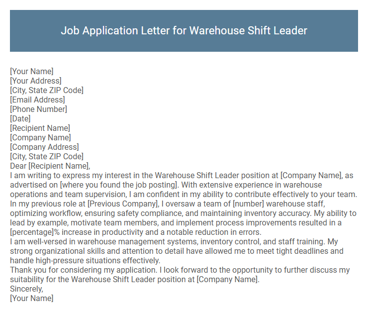 Job Application Letter for Warehouse Shift Leader
